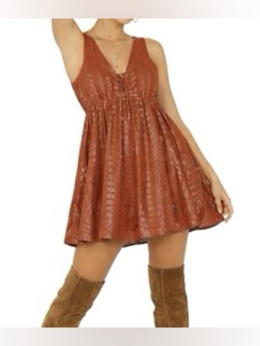 Shyanne rust-orange metallic lace-up V-neck mini dress